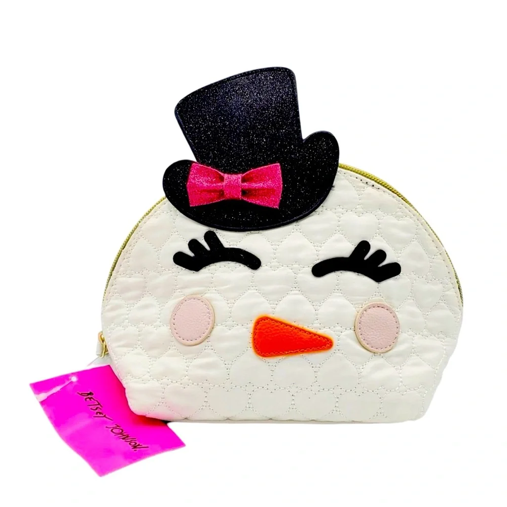 Betsey Johnson Happy Snowman‎ Kitsch Cosmetic Bag with Quilted Hearts